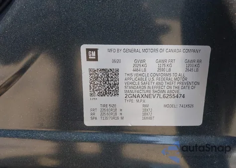 2020 Chevrolet Equinox Fwd Premier 1.5L Turbo z USA, uszkodzony, nr VIN 2GNAXNEV7L6255474